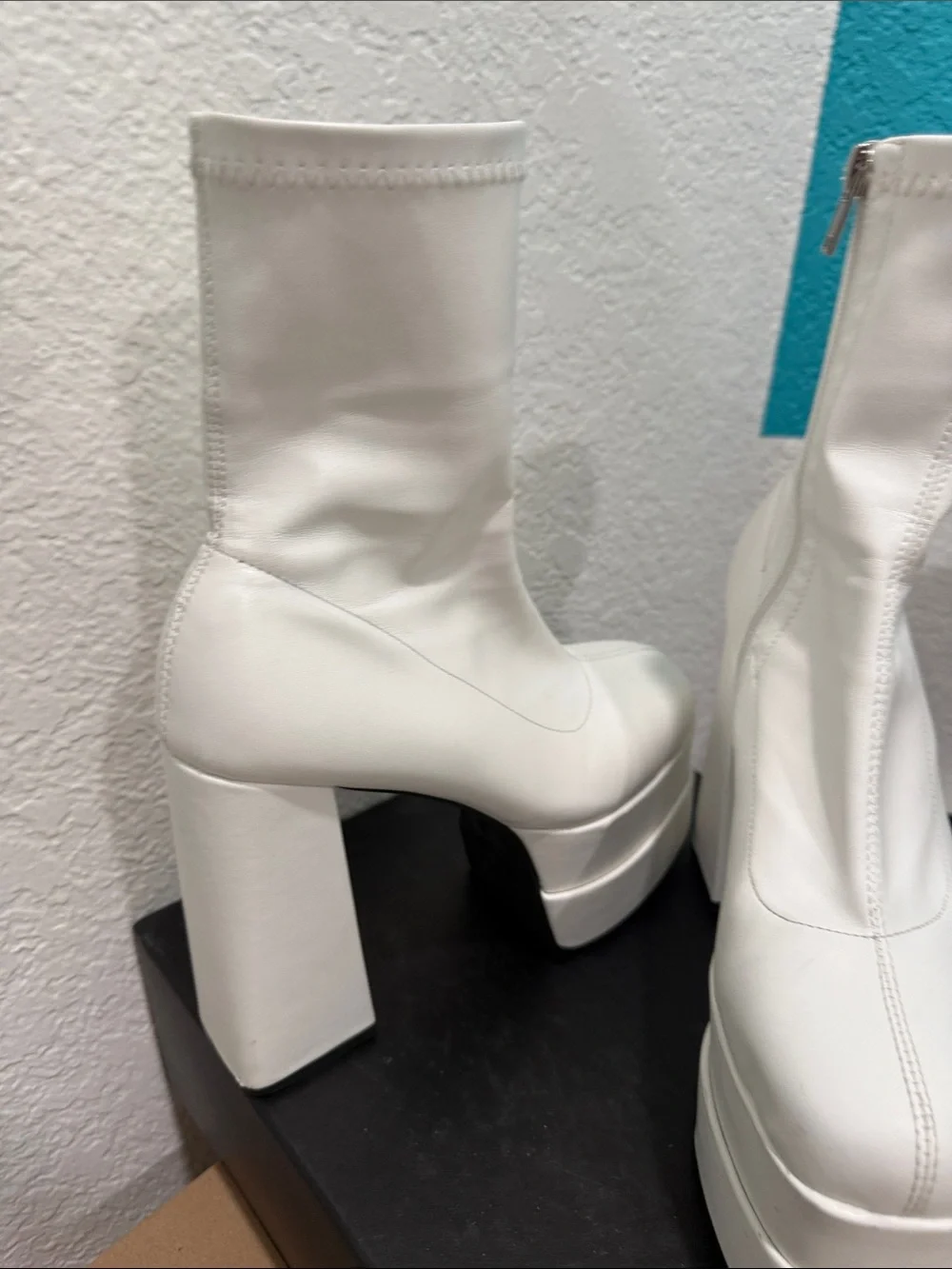 White Platform Block Heel Sock Boot with High Platform